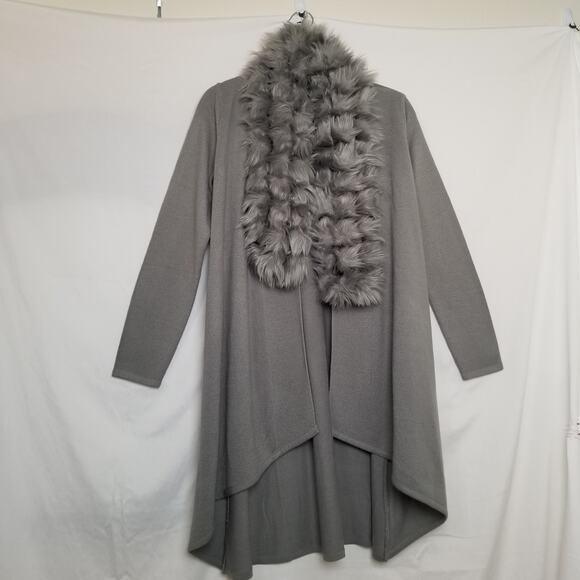 Alfani Faux Fur Trim Sweater Ribbed Open Cardigan Coatigan Gray Hi/Low Size XS - Picture 1 of 8